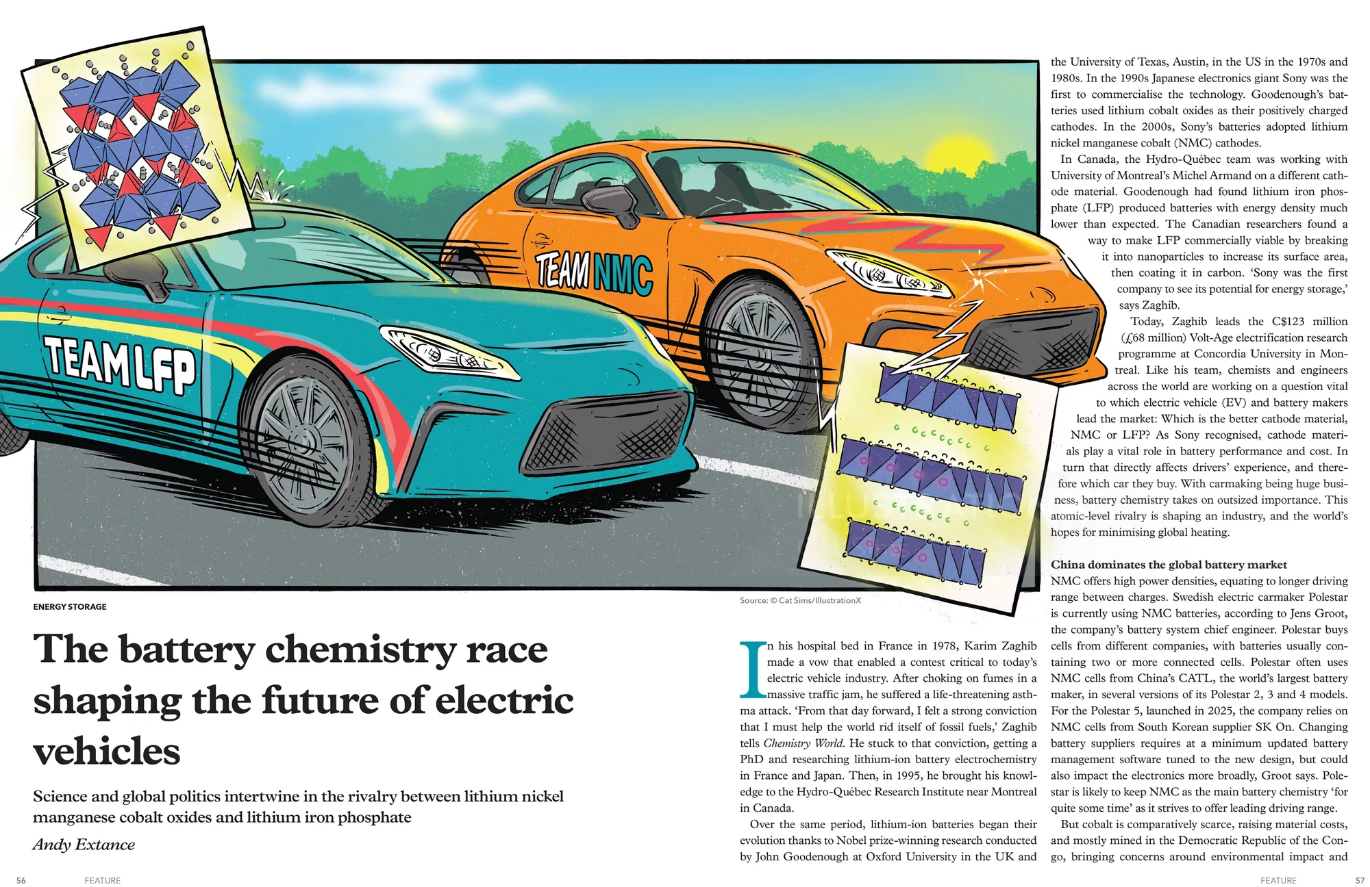Illustration depicting two electric vehicles and battery chemistry details by Cat Sims