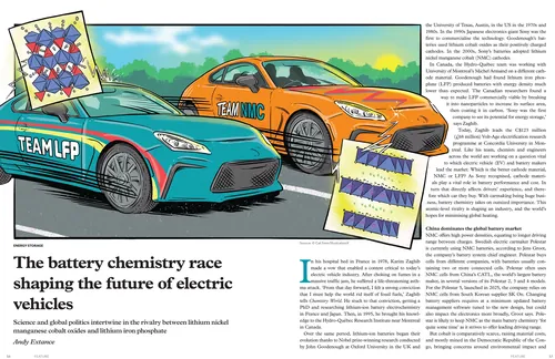 Illustration depicting two electric vehicles and battery chemistry details by Cat Sims