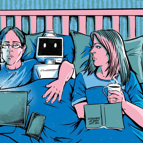 Couple in bed using laptop, phone, and reading book by Cat Sims