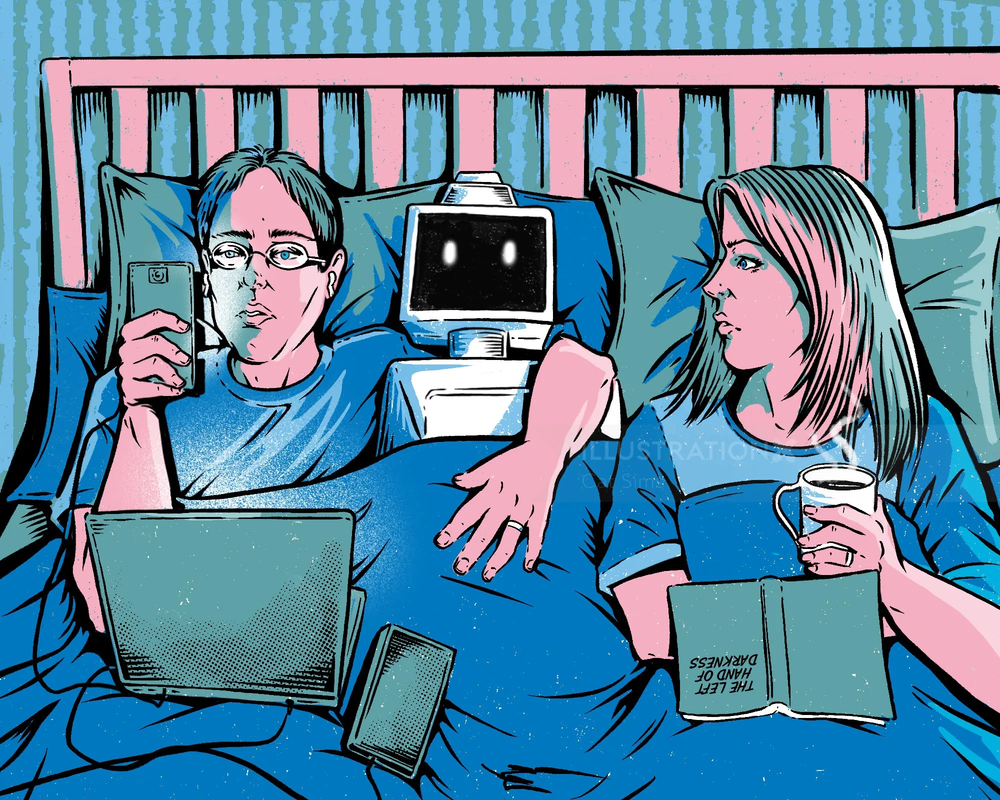 Couple in bed using laptop, phone, and reading book by Cat Sims