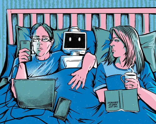 Couple in bed using laptop, phone, and reading book by Cat Sims