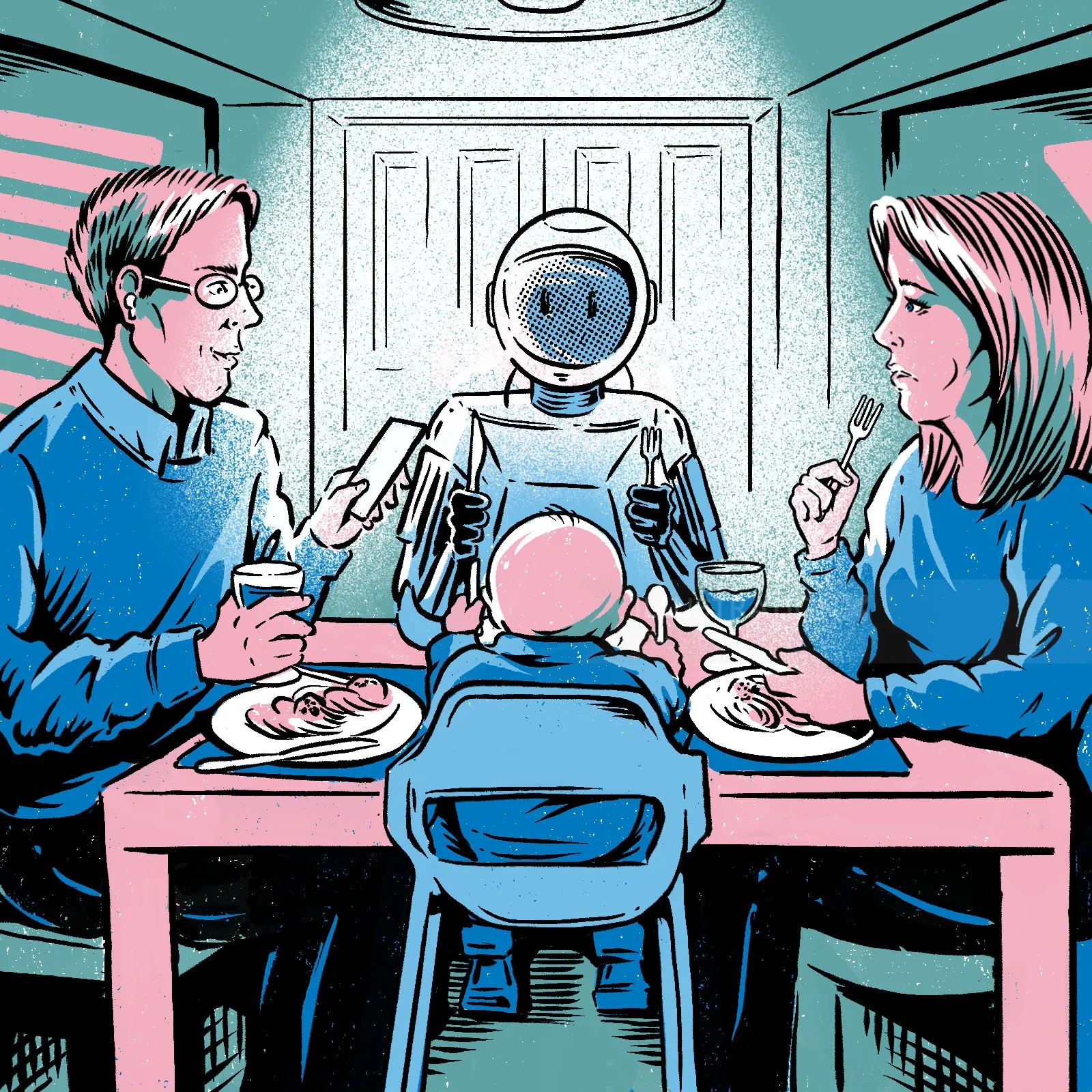 Family sitting at dinner table with a robot, illustration by Cat Sims