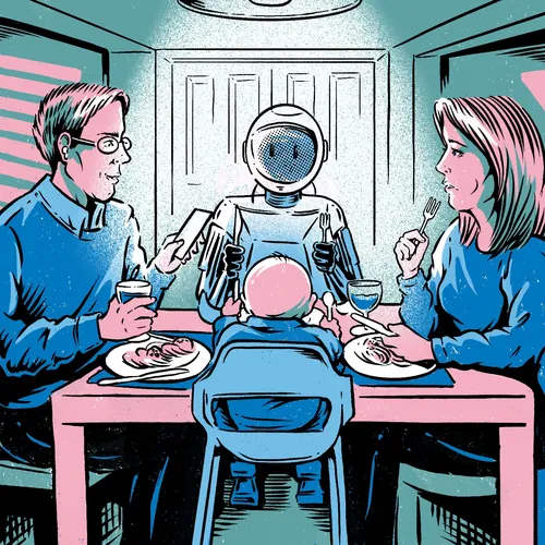 Family sitting at dinner table with a robot, illustration by Cat Sims