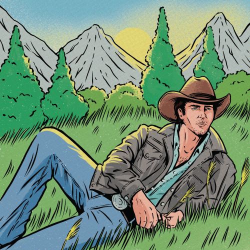 Man in cowboy hat relaxing on grass near mountains by Cat Sims