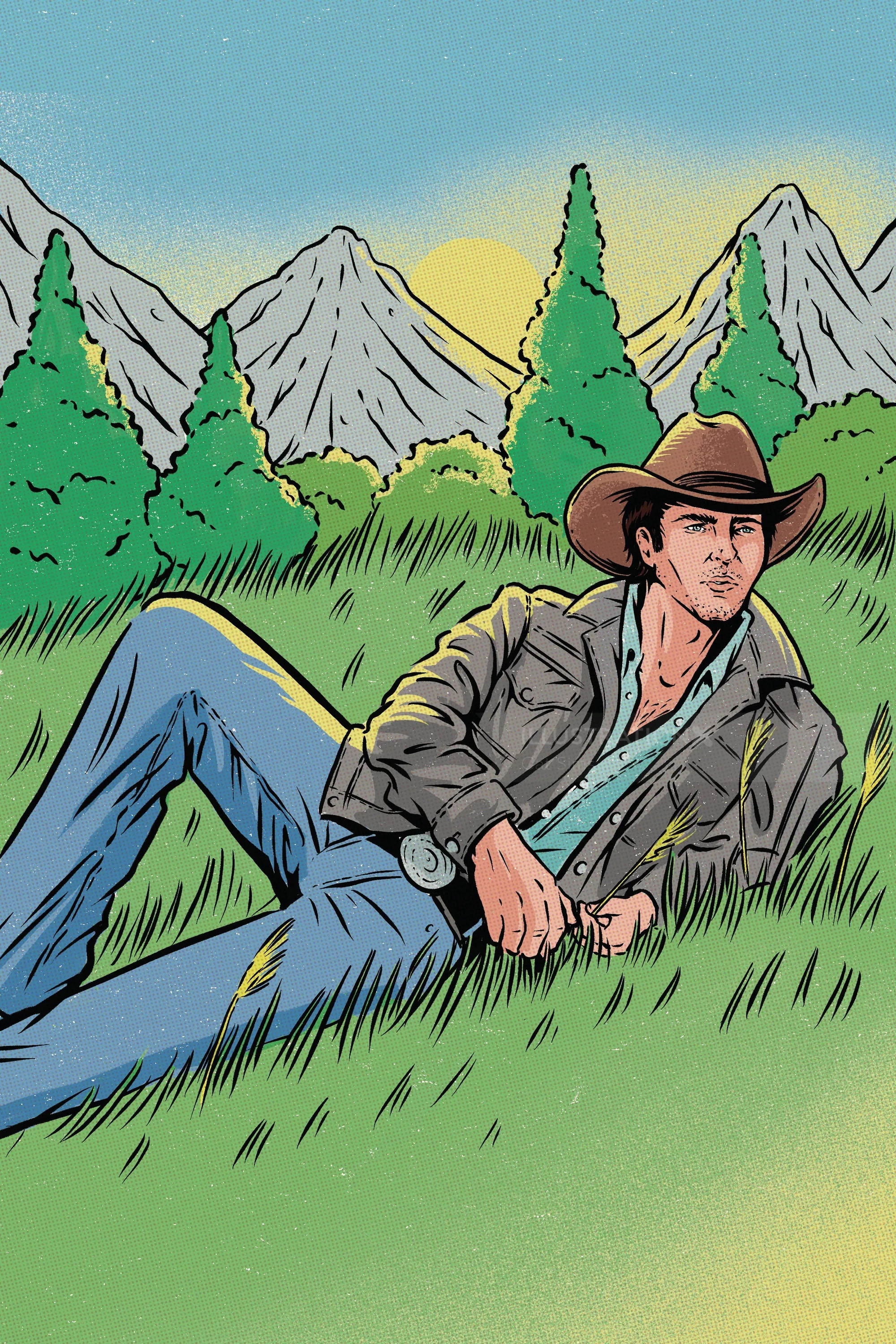 Man in cowboy hat relaxing on grass near mountains by Cat Sims