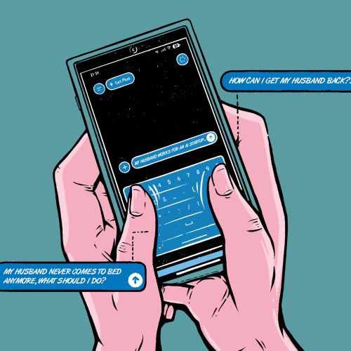 Hands holding phone showing texts about marital issues by Cat Sims
