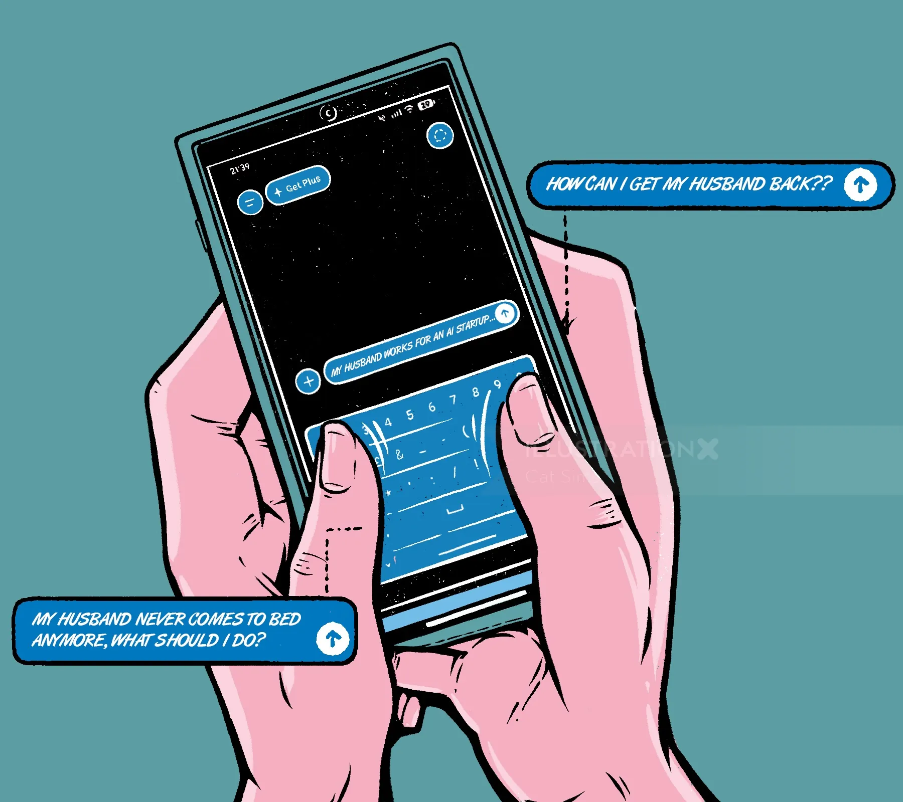 Hands holding phone showing texts about marital issues by Cat Sims