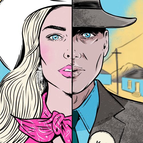 Cat Sims Illustration einer blonden Frau und eines Cowboys in einem geteilten Porträt