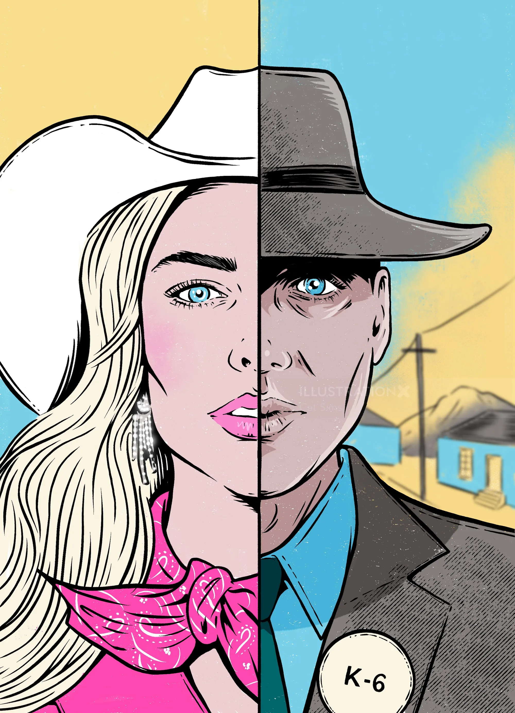 Cat Sims illustration of a blonde woman and cowboy in a split portrait