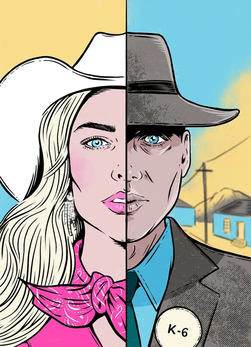 Cat Sims illustration of a blonde woman and cowboy in a split portrait
