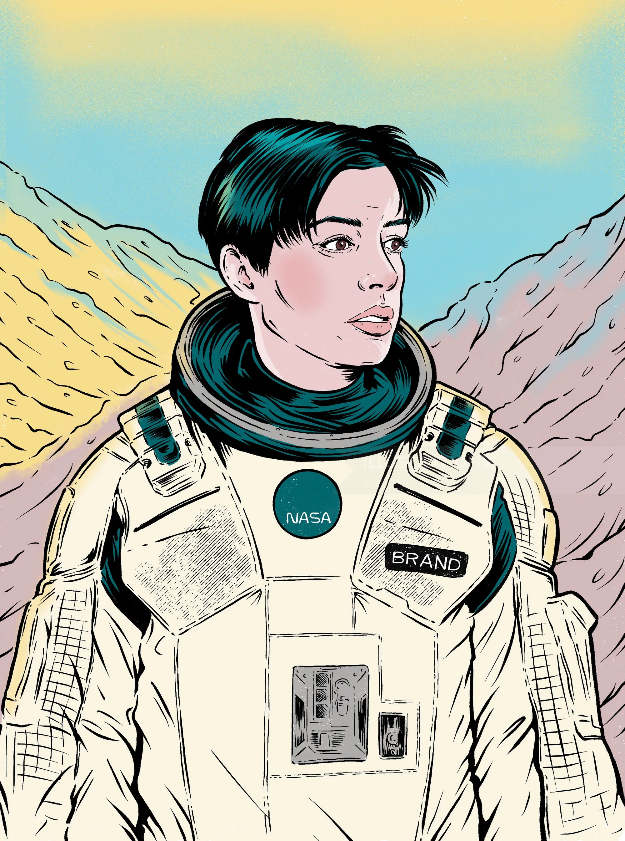 Cat Sims illustration of Anne Hathaway as an astronaut