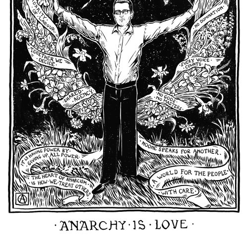 Cat Sims illustration of Carne Ross beneath ornate foliage with Anarchy Is Love text