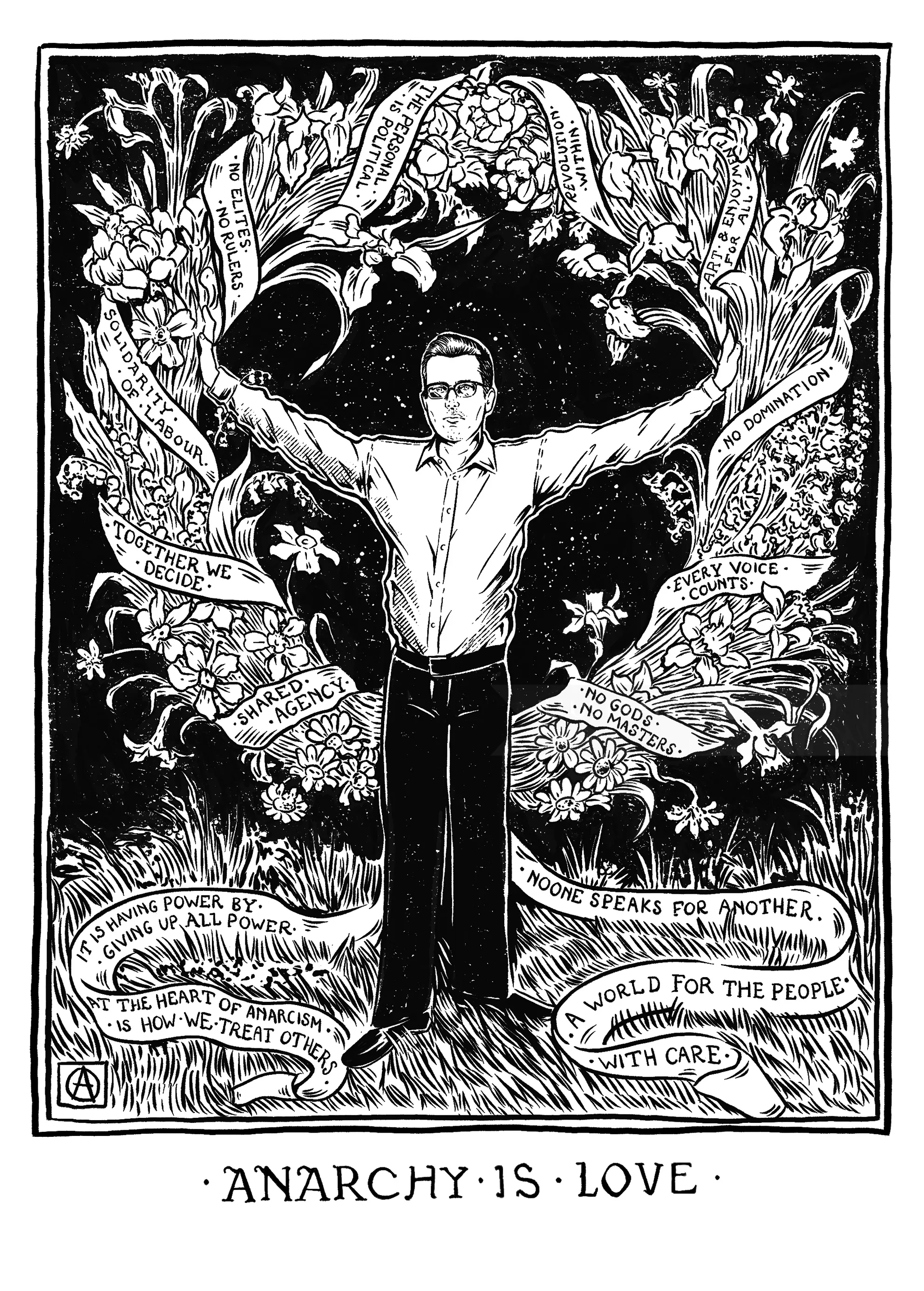Cat Sims illustration of Carne Ross beneath ornate foliage with Anarchy Is Love text