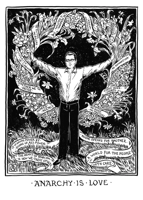 Ilustración de Carne Ross bajo un follaje ornamentado con el texto "La anarquía es amor" (Cat Sims).