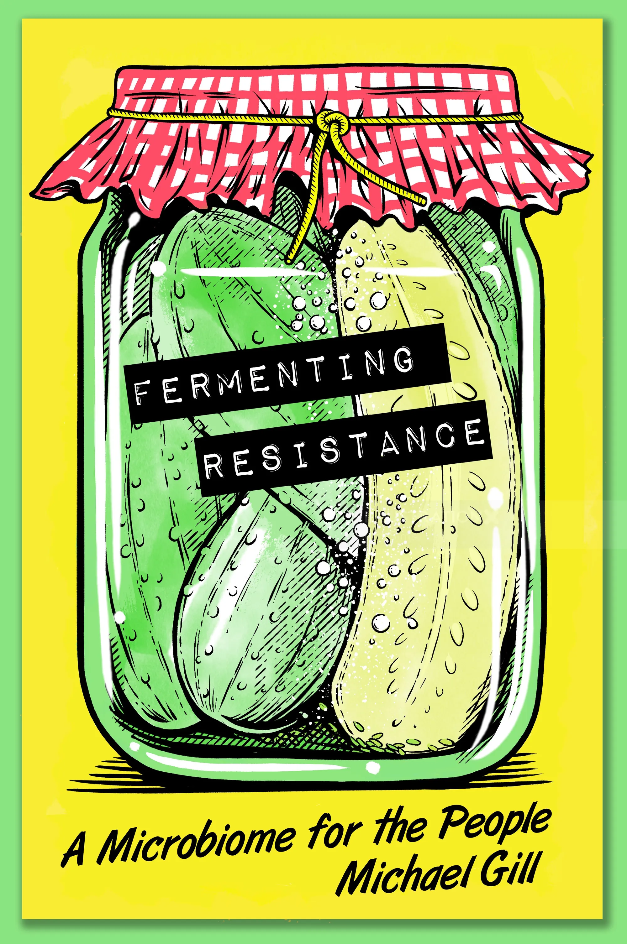 Cat Sims artwork showing fermented vegetables in jars beneath a red checked cloth.