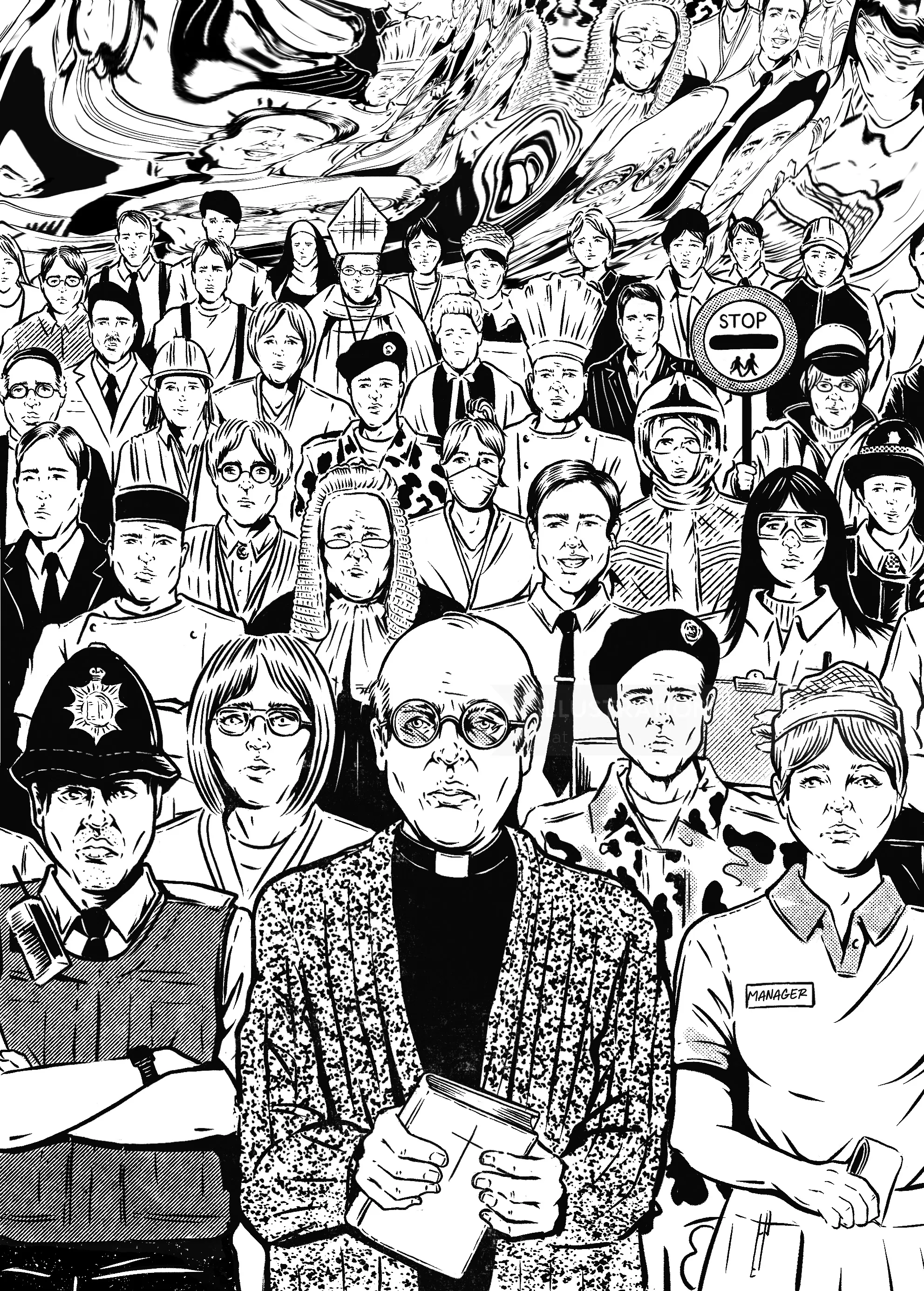 Black-and-white crowd illustration by Cat Sims with diverse people in the foreground