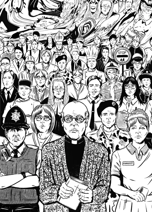 Black-and-white crowd illustration by Cat Sims with diverse people in the foreground