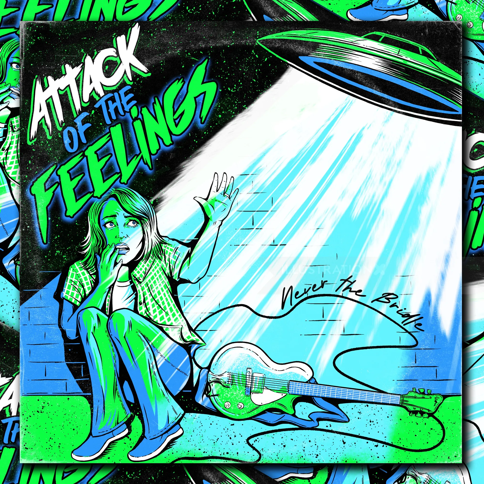 Ilustração Cat Sims mostrando uma figura de cabelo verde, uma guitarra e a inscrição "Attack of the Feelings".