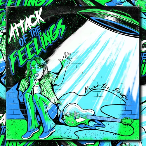 Cat Sims artwork showing a green-haired figure, guitar, and Attack of the Feelings lettering.