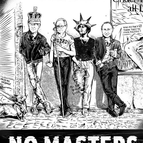 Black-and-white No Gods No Masters illustration by Cat Sims