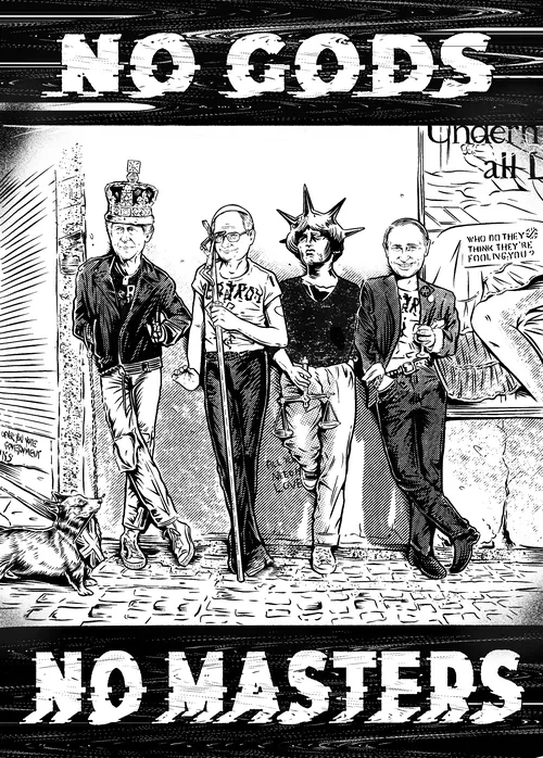 Black-and-white No Gods No Masters illustration by Cat Sims