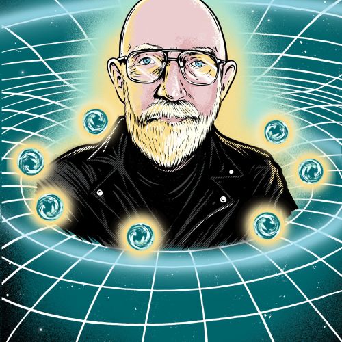 Cat Sims illustration of a bald bearded man with glasses in a glowing cosmic grid