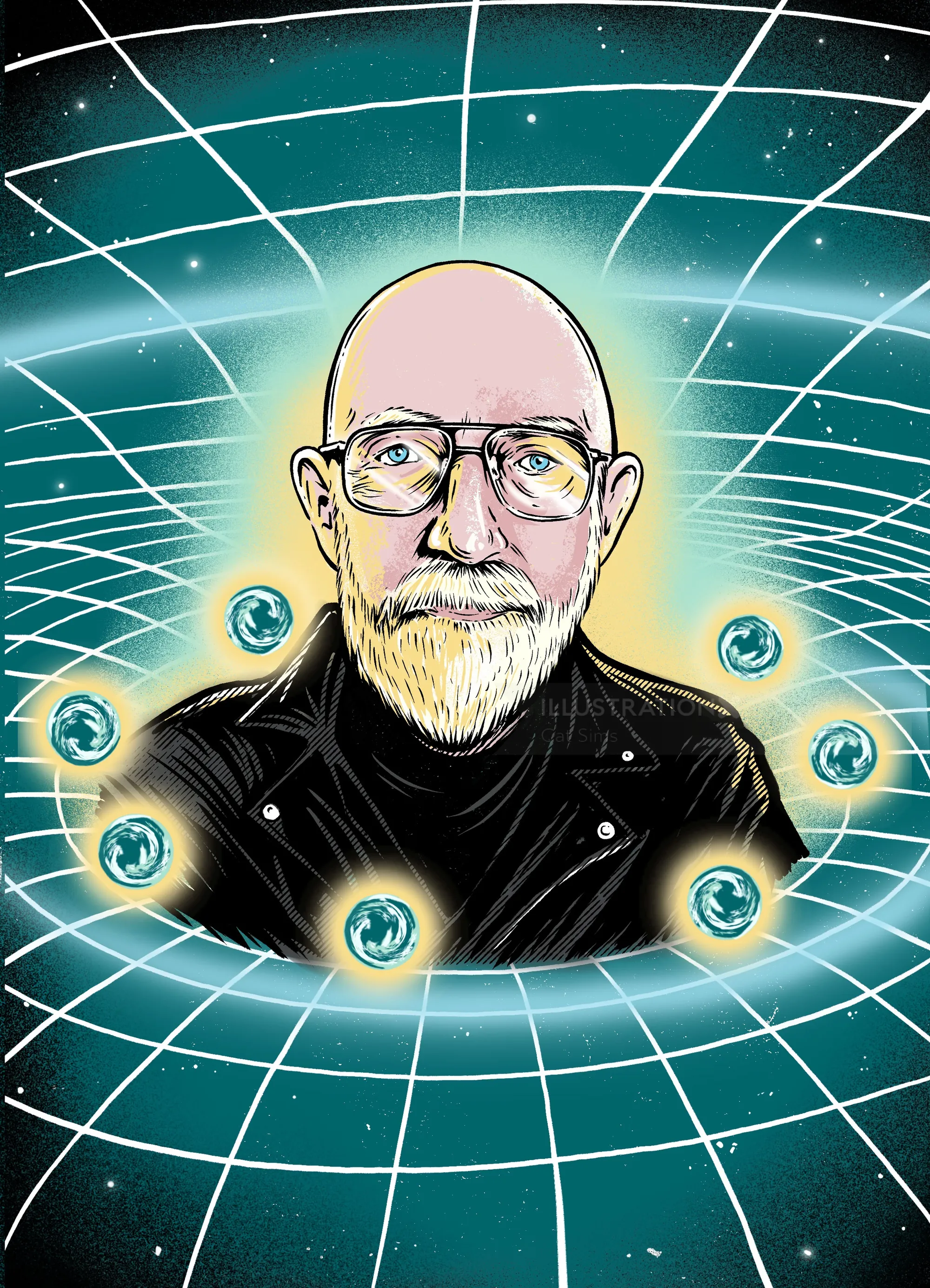 Cat Sims Illustration eines kahlköpfigen, bärtigen Mannes mit Brille in einem leuchtenden kosmischen Gitter