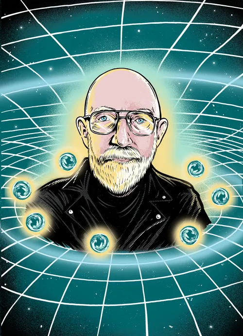 Cat Sims Illustration eines kahlköpfigen, bärtigen Mannes mit Brille in einem leuchtenden kosmischen Gitter