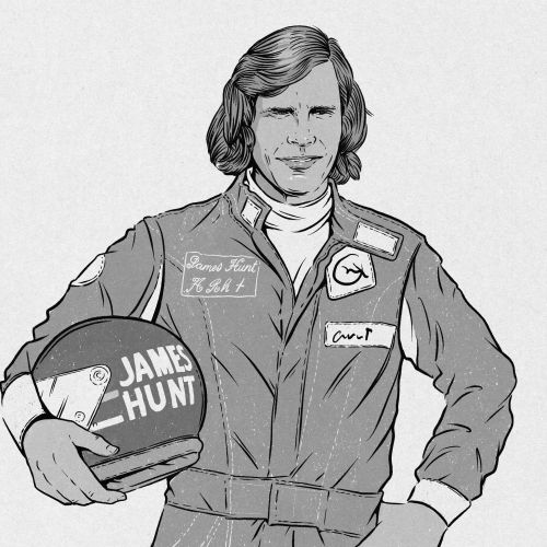 Cat Sims Illustration des Formel-1-Fahrers James Hunt mit einem Rennhelm