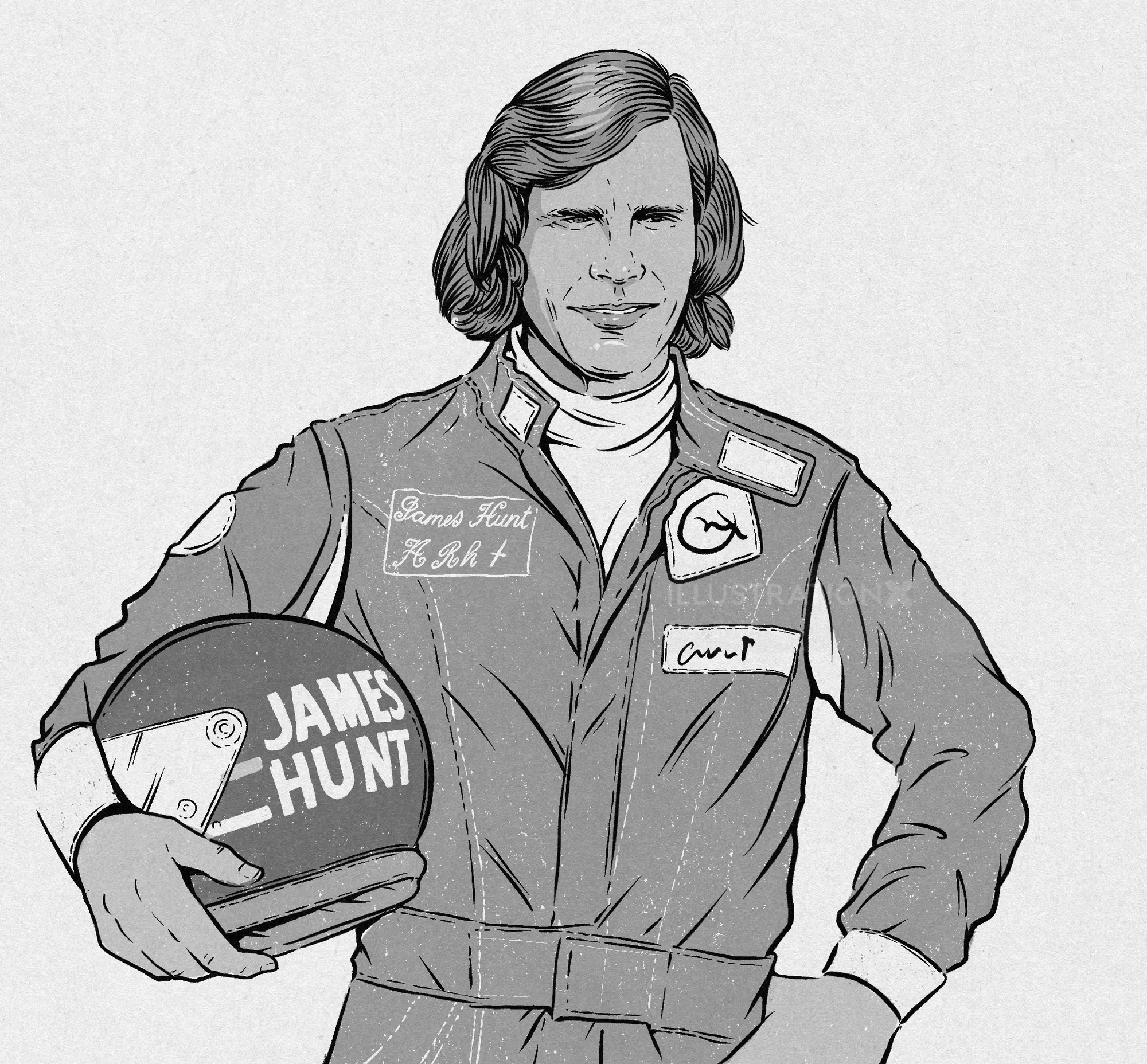 Cat Sims Illustration des Formel-1-Fahrers James Hunt mit einem Rennhelm