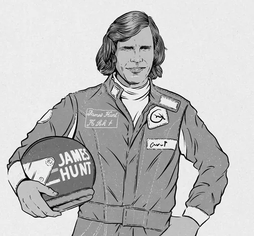 Cat Sims Illustration des Formel-1-Fahrers James Hunt mit einem Rennhelm