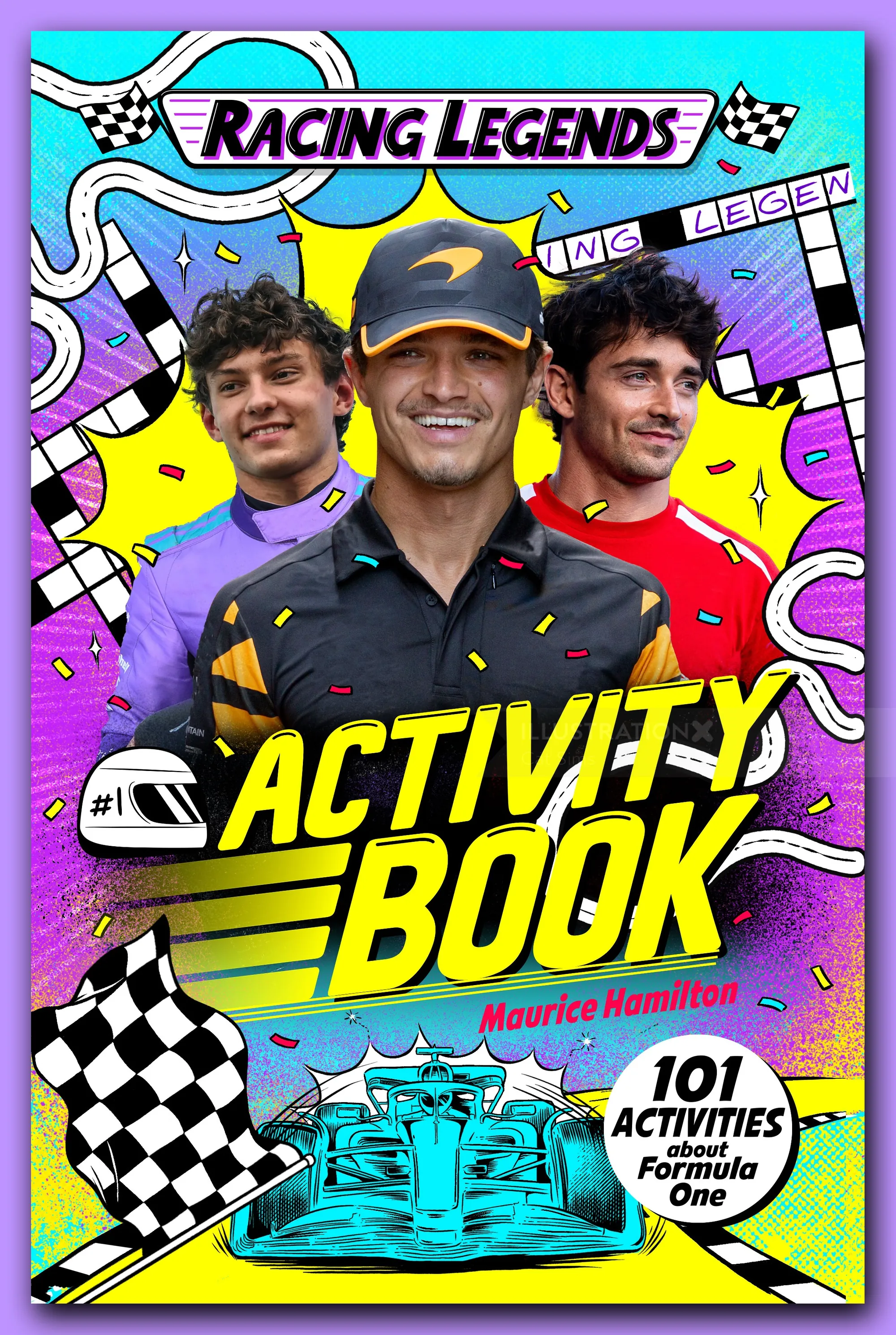 Racing Legends activity book cover by Cat Sims featuring Lewis Hamilton