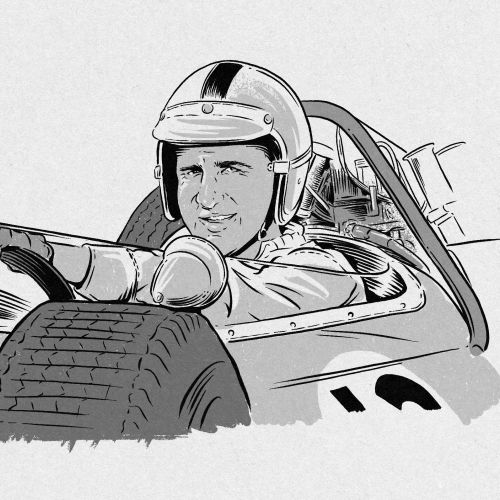 Illustration von Cat Sims des Formel-1-Fahrers Denny Hulme in einem Rennwagen