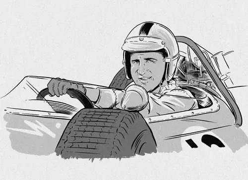 Illustration by Cat Sims of F1 driver Denny Hulme in a race car