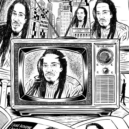 Illustration by Cat Sims depicting Benjamin Zephaniah across television and printed pages