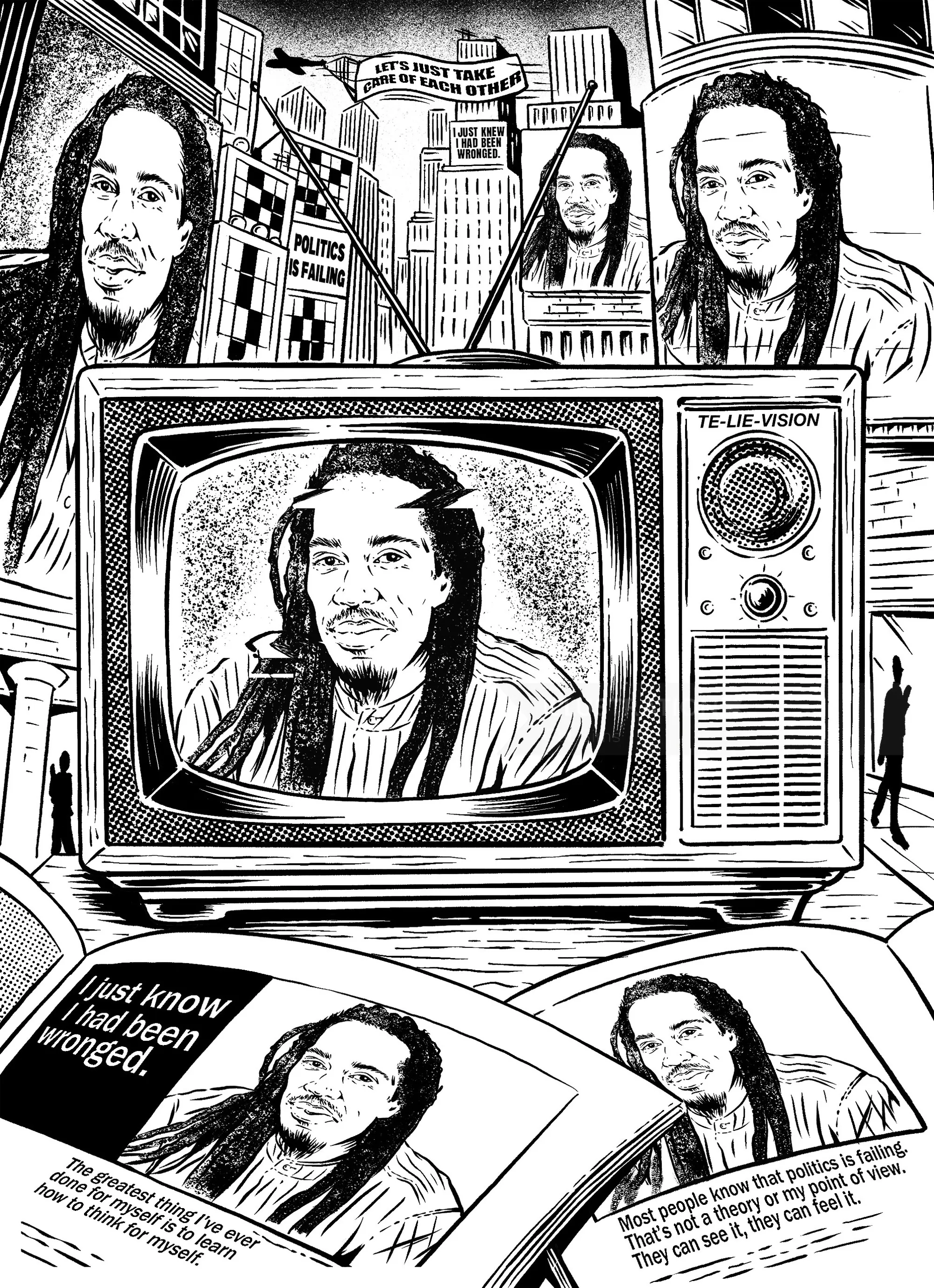 Illustration by Cat Sims depicting Benjamin Zephaniah across television and printed pages