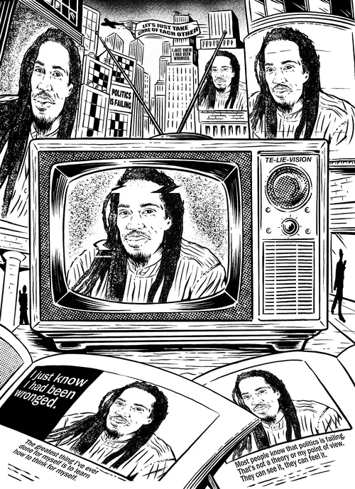 Illustration by Cat Sims depicting Benjamin Zephaniah across television and printed pages