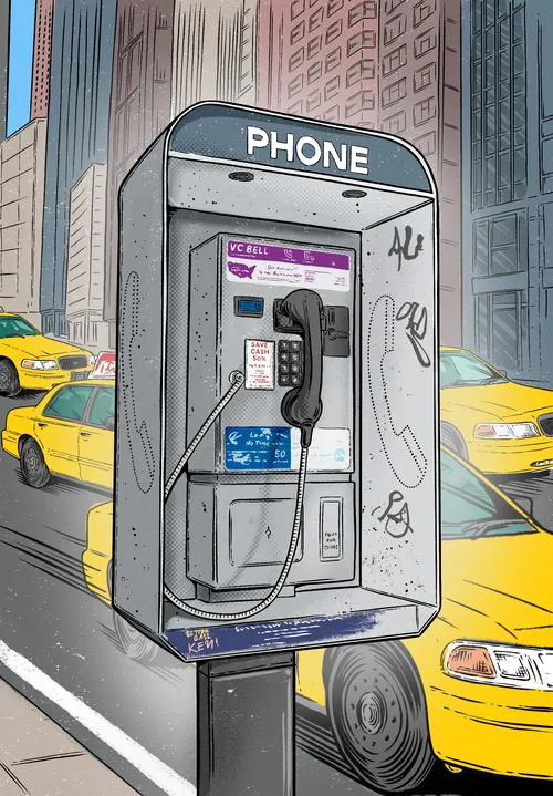 Cat Sims illustration of a street phone booth surrounded by yellow taxis