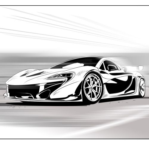 A monochrome depiction of a McLaren P1 race vehicle