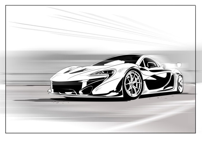 A monochrome depiction of a McLaren P1 race vehicle