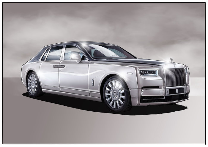 Black and white illustration of Rolls-Royce Phantom