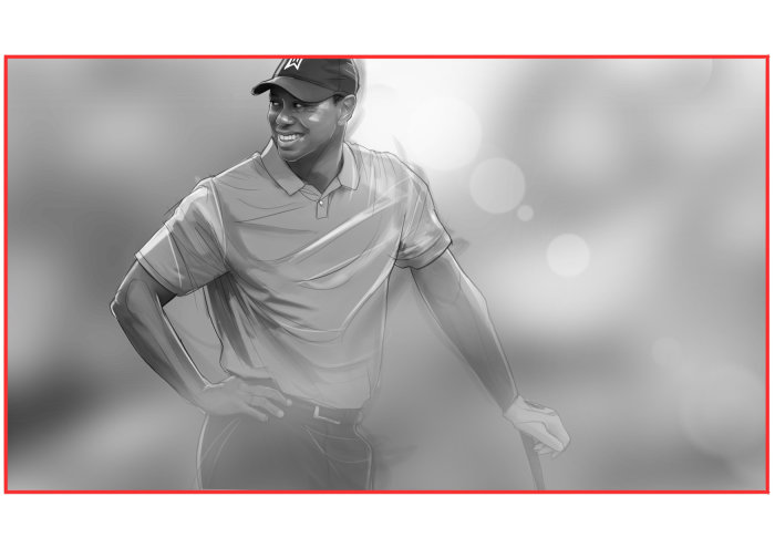 ゴルフ選手タイガー・ウッドの白黒の肖像画
