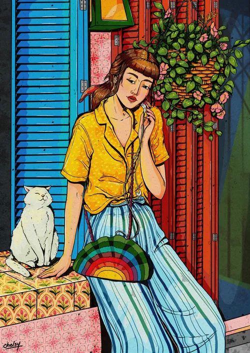 Woman sitting beside a white cat near colorful wall and plants by Chelsy Escalona