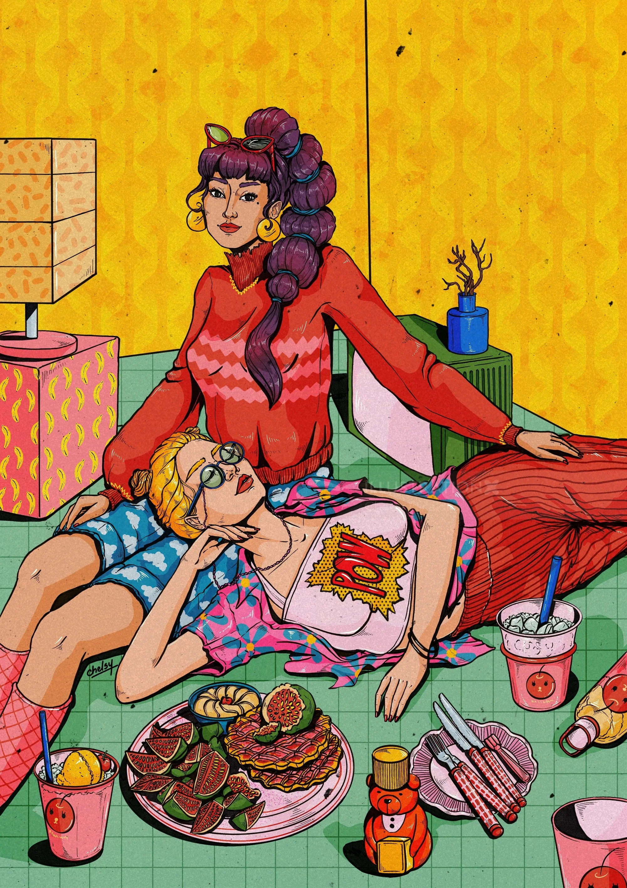 Two people relaxing with food and drinks on a colorful floor by Chelsy Escalona