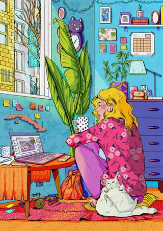Illustration of woman sitting with two cats near laptop in colorful room by Chelsy Escalona