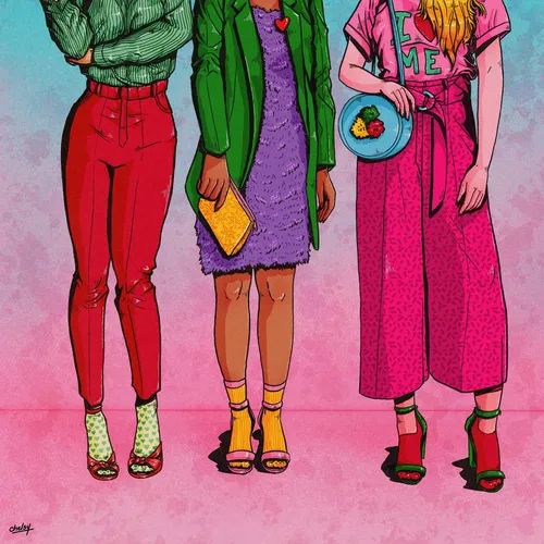 A cartoonish depiction of joyful ladies