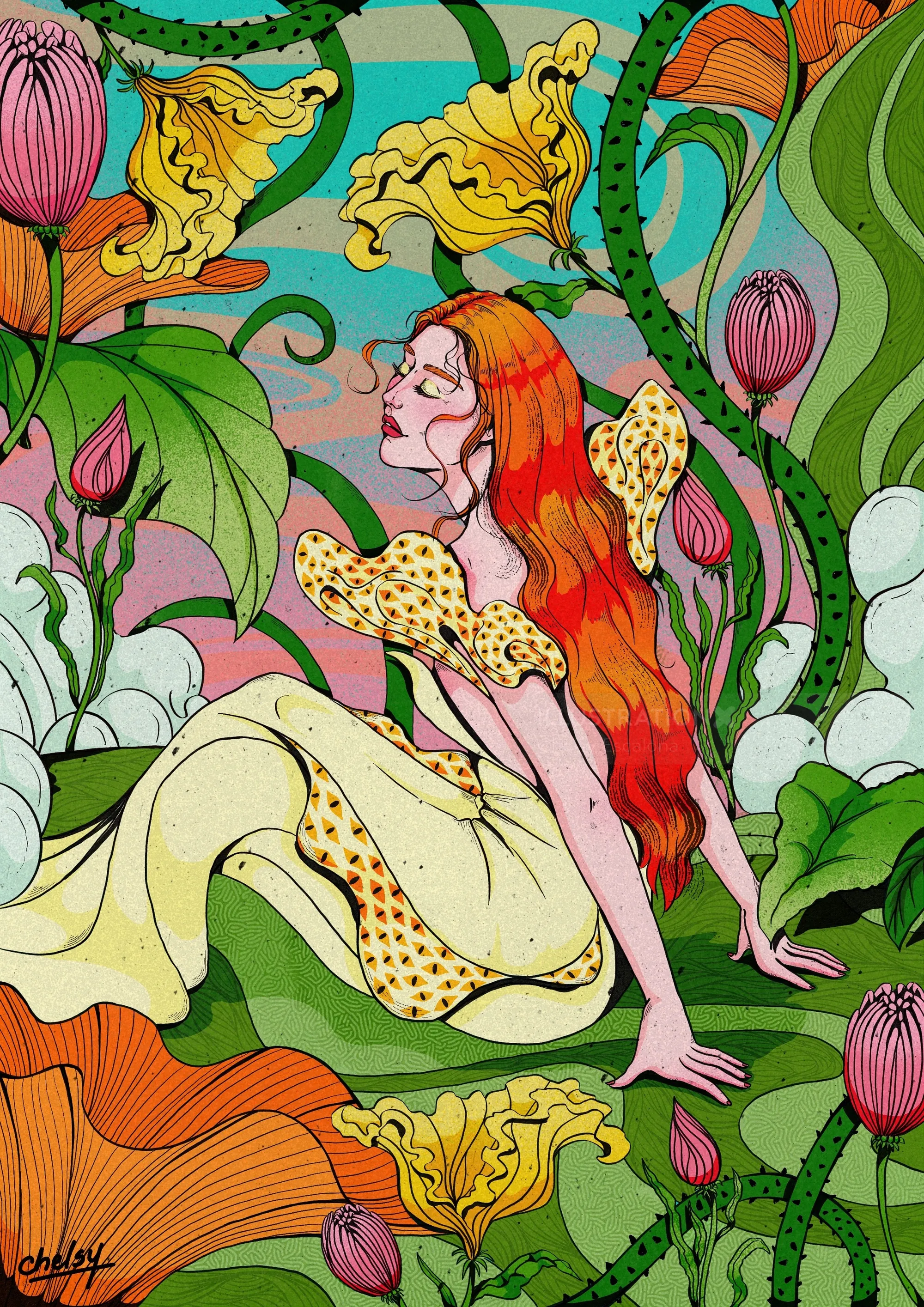 Red-haired fairy surrounded by vibrant flowers by Chelsy Escalona