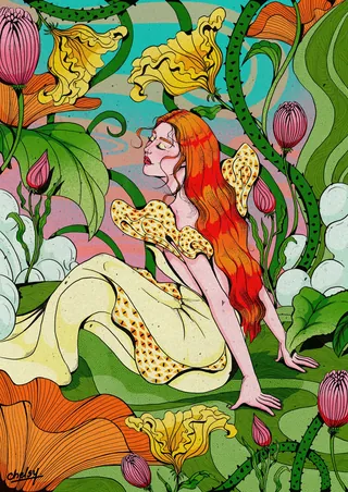 Red-haired fairy surrounded by vibrant flowers by Chelsy Escalona
