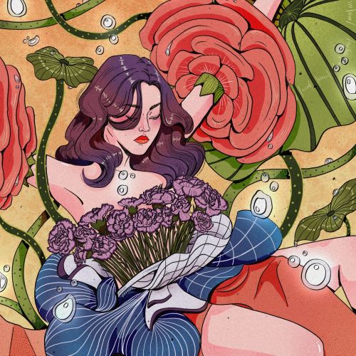 Illustration of a woman with purple hair among flowers and water by Chelsy Escalona