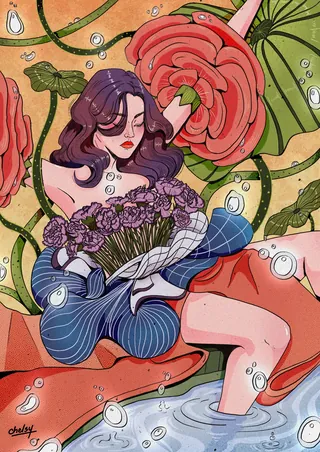 Illustration of a woman with purple hair among flowers and water by Chelsy Escalona